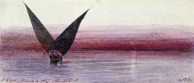 Egipska łódź na Nilu, w Manfaloot (Egipt). Kolorowy rysunek akwarelą autorstwa Edward Lear