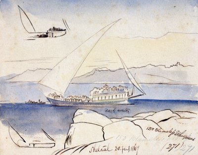 Egipski statek dhow na Nilu, niedaleko Shetaal (Egipt). Kolorowy rysunek akwarelą autorstwa Edward Lear
