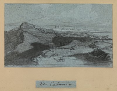 Catania, z Widoki Sycylii (kreda i gwasz na niebieskim papierze) autorstwa Edward Lear