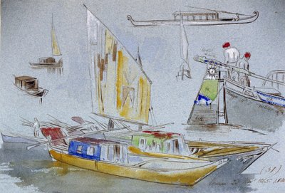 Studium weneckich łodzi. Kolorowy rysunek akwarelowy autorstwa Edwarda Leara (1812-1888). autorstwa Edward Lear