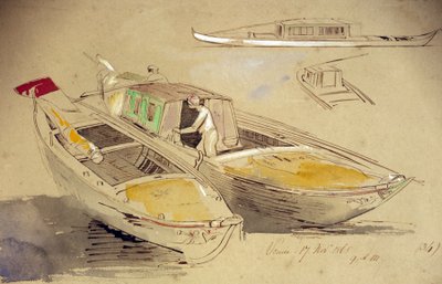 Studium weneckich łodzi na brzegu. Kolorowa akwarela Edwarda Leara (1812-1888). autorstwa Edward Lear