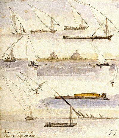 Studium różnych egipskich łodzi (Dahabeeyahs i Gyassis), ze sceną przed piramidami w Gizie (Kair) pośrodku strony. autorstwa Edward Lear