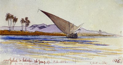 Brzeg Nilu (Egipt), z palmami i gyassi zwróconymi w stronę brzegu, w pobliżu Gebel el Silsileh. Kolorowy rysunek akwarelą autorstwa Edward Lear