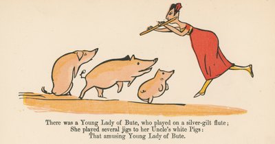 Była sobie Młoda Dama z Bute, która grała na pozłacanym srebrnym flecie, z "A Book of Nonsense", wydanej przez Frederick Warne and Co., Londyn, ok. 1875 r. autorstwa Edward Lear