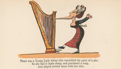 Była tam młoda dama, której podbródek przypominał szpilkę, z „Księgi bzdur” wydanej przez Frederick Warne and Co., Londyn, ok. 1875 r. autorstwa Edward Lear