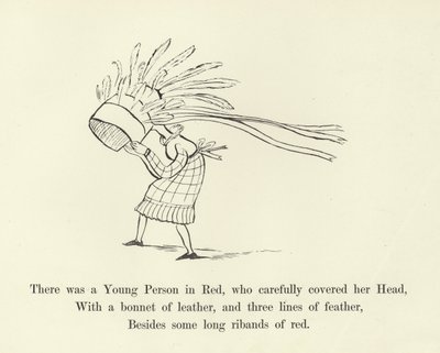 Była tam Młoda Osoba w czerwieni, która starannie zakryła głowę autorstwa Edward Lear