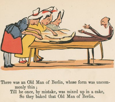 Był tam berliński starzec o niezwykle cienkiej formie z „Księgi bzdur”, wydanej przez Fredericka Warne and Co., Londyn, ok. 1875 r. autorstwa Edward Lear