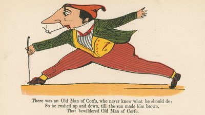 Był sobie Stary Człowiek z Korfu, który nigdy nie wiedział, co powinien zrobić, z "A Book of Nonsense", wydanej przez Frederick Warne and Co., Londyn, ok. 1875 r. autorstwa Edward Lear