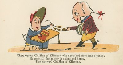 Był stary człowiek z Kilkenny, który nigdy nie miał więcej niż grosz, z „Księgi bzdur” wydanej przez Frederick Warne and Co., Londyn, ok. 1875 r. autorstwa Edward Lear