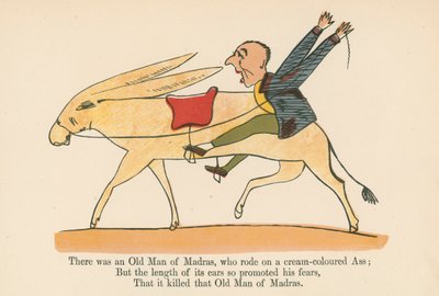 Był tam stary człowiek z Madrasu, który jeździł na kremowym ośle z „Księgi bzdur”, wydanej przez Frederick Warne and Co., Londyn, ok. 1875 r. autorstwa Edward Lear