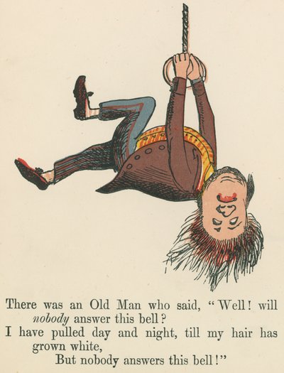 Był tam Stary Człowiek, który powiedział: „No cóż! Czy nikt nie odpowie na ten dzwon”, z „Księgi bzdur”, wydanej przez Frederick Warne and Co., Londyn, ok. 1875 autorstwa Edward Lear