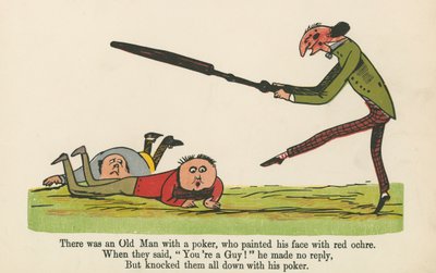 Był tam stary człowiek z pokerem, który pomalował twarz czerwoną ochrą, z „Księgi bzdur” wydanej przez Frederick Warne and Co., Londyn, ok. 1875 r. autorstwa Edward Lear