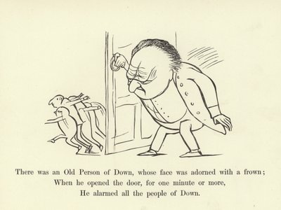 Była tam Stara Osoba z Downa, której twarz była ozdobiona zmarszczonym czołem autorstwa Edward Lear