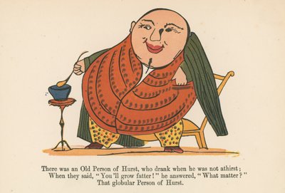 Był stary człowiek Hursta, który pił, gdy nie był spragniony, z „Księgi bzdur”, wydanej przez Fredericka Warne and Co., Londyn, ok. 1875 r. autorstwa Edward Lear
