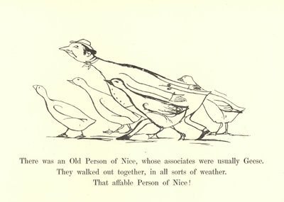Był Stary Człowiek z Nicei, którego współpracownikami były zwykle Gęsi autorstwa Edward Lear