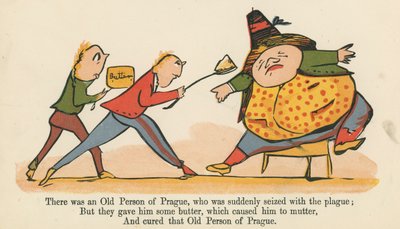 Był Stary Człowiek z Pragi, którego nagle zaraza ogarnęła z „Księgi bzdur”, wydanej przez Fredericka Warne and Co., Londyn, ok. 1875 r. autorstwa Edward Lear