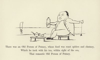 Była tam Stara Osoba z Putney, której pożywieniem były pieczone pająki i chutney autorstwa Edward Lear