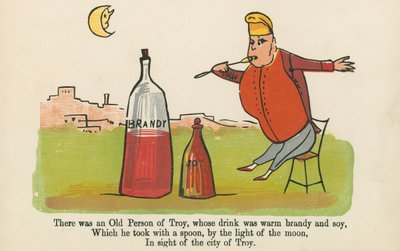 Był sobie Stary Człowiek z Troi, którego napojem była ciepła brandy i soja, z "A Book of Nonsense", wydanej przez Frederick Warne and Co., Londyn, ok. 1875 r. autorstwa Edward Lear