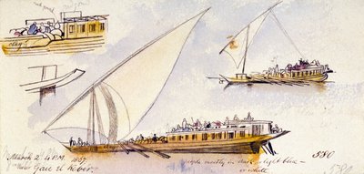 Trzy studia egipskiej łodzi przewożącej pasażerów, w pobliżu Gau el Kebir (Egipt), z adnotacjami na temat ubrań przedstawionych postaci autorstwa Edward Lear