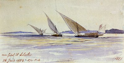 Trzy tradycyjne egipskie statki transportowe pływające po Nilu w pobliżu Gebel el-Silsila lub Gebel Silsileh (Egipt) autorstwa Edward Lear