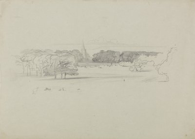 Widok przez łąkę do kościoła, 1834 (grafit na zielonym grubym papierze plecionym) autorstwa Edward Lear