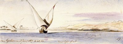 Widok na Nil w pobliżu Golosony (Egipt) z tradycyjną egipską łodzią. Kolorowy rysunek akwarelą autorstwa Edward Lear