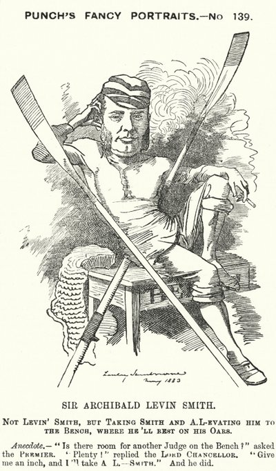 Punch cartoon: Archibald Levin Smith, angielski sędzia i wioślarz, który brał udział w University Boat Race i w Henley Royal Regatta (grawerowanie) autorstwa Edward Linley (after) Sambourne