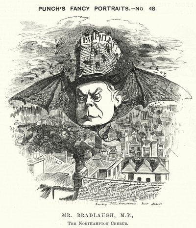 Punch cartoon: Charles Bradlaugh, angielski liberalny polityk i ateista (grafika) autorstwa Edward Linley (after) Sambourne
