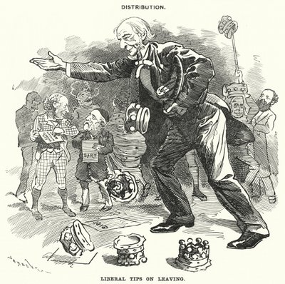 Poncz kreskówkowy: Dystrybucja. Liberalne wskazówki dotyczące odchodzenia (grawerowanie) autorstwa Edward Linley (after) Sambourne