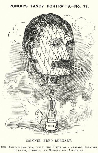 Punch cartoon: Frederick Burnaby, oficer wywiadu armii brytyjskiej i baloniarz (rycina) autorstwa Edward Linley (after) Sambourne