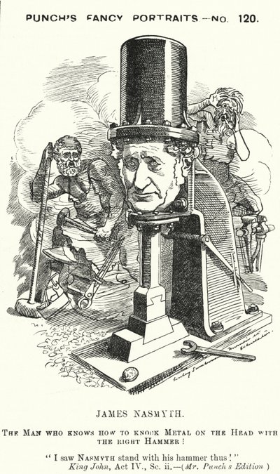 Punch cartoon: James Nasmyth, szkocki inżynier i wynalazca młota parowego (grawerowanie) autorstwa Edward Linley (after) Sambourne