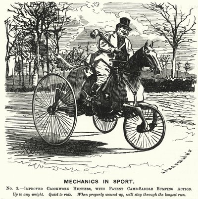 Punch cartoon: Mechanika w sporcie. Nr 3. - Ulepszone mechaniczne myśliwce z opatentowanym mechanizmem uderzania siodełka (grawerowanie) autorstwa Edward Linley (after) Sambourne