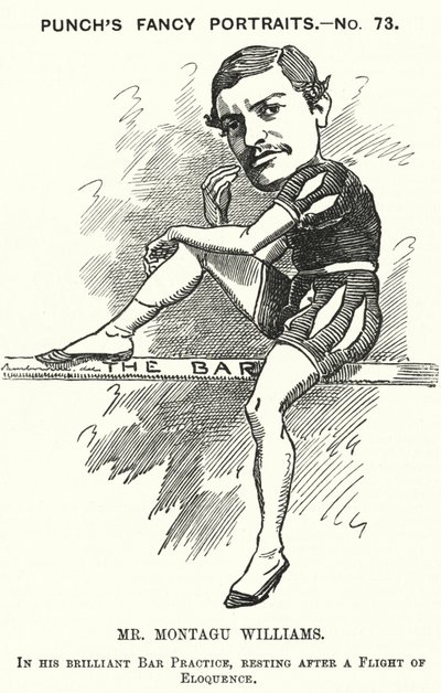 Punch cartoon: Montagu Williams, nauczyciel angielskiego, żołnierz, aktor, dramaturg, adwokat i sędzia (grafika) autorstwa Edward Linley (after) Sambourne