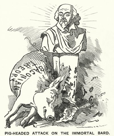 Punch cartoon: Pig-headed Attack on the Immortal Bard – teoria, że sztuki Williama Szekspira zostały napisane przez Sir Francisa Bacona (rycina) autorstwa Edward Linley (after) Sambourne