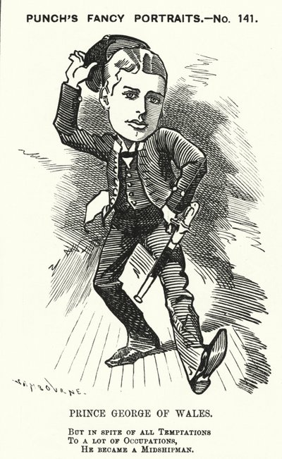 Punch cartoon: Prince George of Wales, przyszły król Jerzy V, jako kadet w Royal Navy (grawerowanie) autorstwa Edward Linley (after) Sambourne