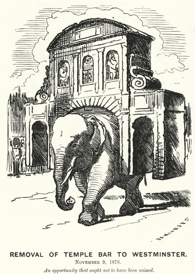 Punch cartoon: Przeniesienie Temple Bar do Westminsteru (grawerowanie) autorstwa Edward Linley (after) Sambourne