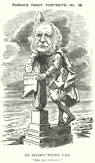 Karykatura z dziurkacza: Sir Erasmus Wilson, angielski chirurg i dermatolog (grawerowanie) autorstwa Edward Linley (after) Sambourne