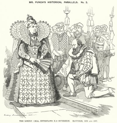 Karykatura ponczowa: Lordly Cecil Entertains Your Sovereign, Hatfield autorstwa Edward Linley (after) Sambourne