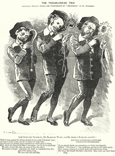 Karykatura: The Troublesome Trio: Lord Randolph Churchill, Henry Drummond Wolff i Ellis Ashmead-Bartlett, brytyjscy konserwatywni politycy (rycina) autorstwa Edward Linley (after) Sambourne