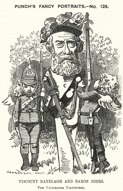 Punch cartoon: Thomas Heron Jones, 7. wicehrabia Ranelagh i Baron Jones z Navan, promotor ruchu ochotniczego dla armii brytyjskiej (grafika) autorstwa Edward Linley (after) Sambourne