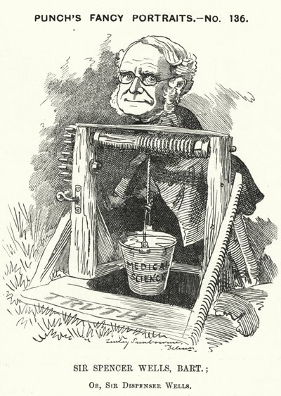Karykatura z dziurkacza: Thomas Spencer Wells, angielski lekarz, chirurg królowej Wiktorii (grafika) autorstwa Edward Linley (after) Sambourne