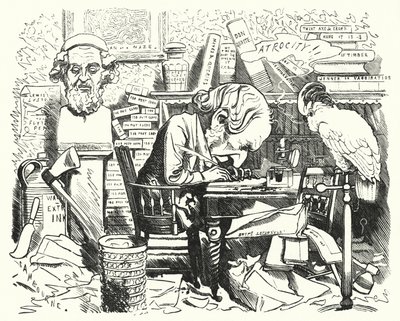 Punch cartoon: pisarz w pracy w swoim gabinecie (grawerowanie) autorstwa Edward Linley (after) Sambourne