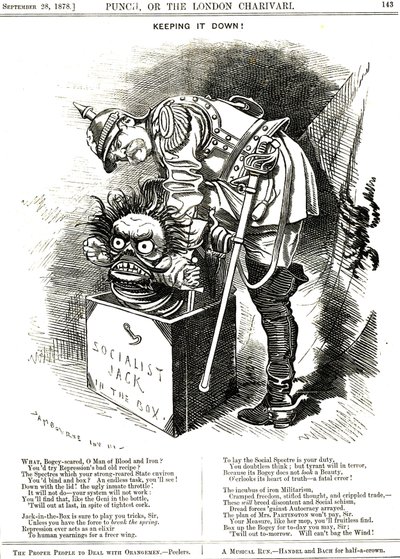 Utrzymuj to w ryzach. Otto von Bismarck (1815-1898) Kanclerz Niemiec, próbujący wepchnąć Jacka Socjalizmu z powrotem do swojej loży. Podpisy mówią mu, że każdy akt represji jest eliksirem ludzkiego pragnienia większej wolności. Karykatura Edwarda Linleya S autorstwa Edward Linley Sambourne