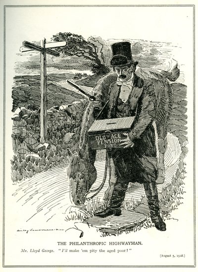 „Filantropijny rozbójnik”, Lloyd George z funduszu emerytalnego, rysunek z magazynu „Punch”, 5 sierpnia 1908 autorstwa Edward Linley Sambourne