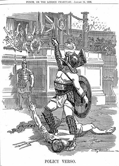 Wraz z powrotem liberalnego rządu w Wielkiej Brytanii w grudniu 1905 r. Wolny handel był polityką, a nie konserwatywną polityką ochrony przez Taryfę. Karykatura Edwarda Linleya Sambourne