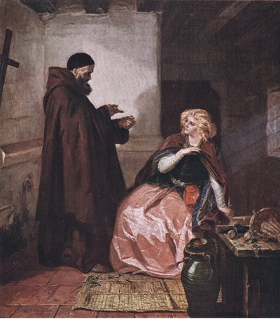 Julia i brat Laurence (Romeo i Julia) Weź fiolkę, będąc w łóżku, i wypij ten destylowany trunek, z publikacji The Complete Works of William Shakespeare, autorstwa J Coker & Co Ltd (c autorstwa Edward Matthew Ward