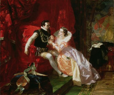 Leicester i Amy Robsart w Cumnor Hall, 1866 autorstwa Edward Matthew Ward