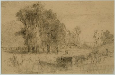 Krajobraz, Łódź wiosłowa i krowy (nr 57) C. 1880 (grafit na papierze) autorstwa Edward Mitchell Bannister