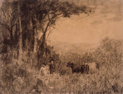 Krajobraz z krowami i postaciami poruszającymi się po pastwisku autorstwa Edward Mitchell Bannister