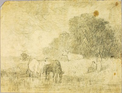 Krajobraz z krowami nad stawem, dwie postacie autorstwa Edward Mitchell Bannister